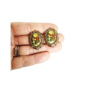 West Germany Clip On Earrings Gold Tone Glass Cabochons Gold Tone Filigree